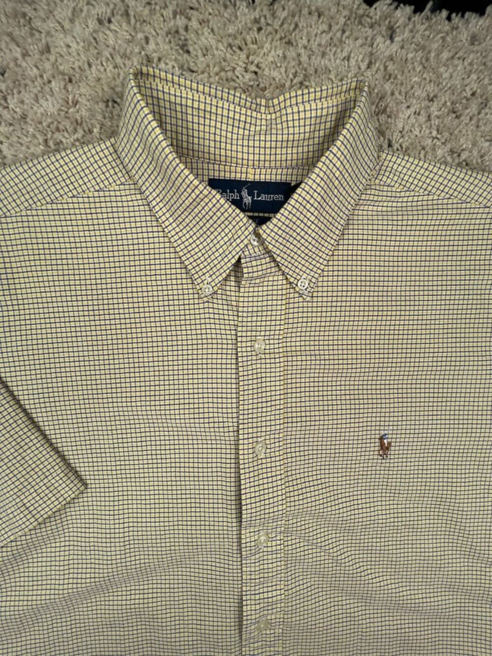 Ralph Lauren Button Up Short Sleeve Shirt XL Yellow Purple Check Blake Cotton